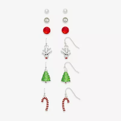 Mixit Silver Tone Reindeer; Christmas Tree & Candy Cane 6 Pair Cubic Zirconia Earring Set