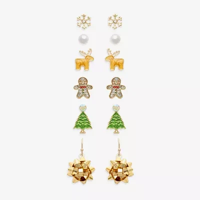 Mixit Silver Tone Christmas Tree; Snowflake & Reindeer 6 Pair Glass Earring Set