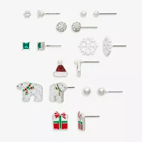 Mixit Silver Tone Tinsel Christmas 9 Pair Cubic Zirconia Earring Set