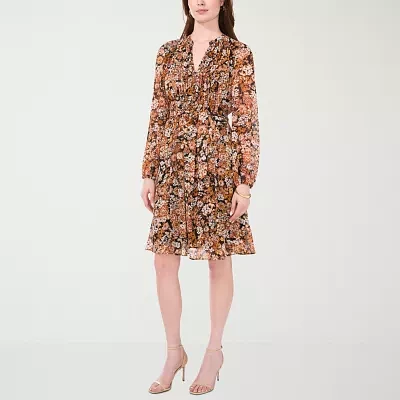 MSK Womens Long Sleeve Floral Fit + Flare Dress Petite