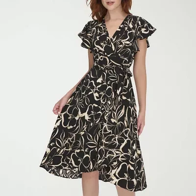 Marc New York Womens Short Sleeve Floral Midi Fit + Flare Dress