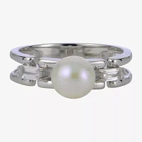 Womens 7-7.5MM White Cultured Freshwater Pearl Sterling Silver Cocktail Ring