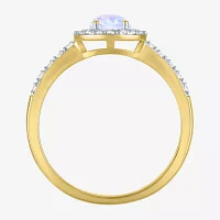 Womens Diamond Accent Lab Created White Opal 10K Gold Halo Side Stone Cocktail Ring