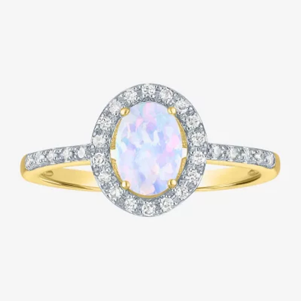 Womens Diamond Accent Lab Created White Opal 10K Gold Halo Side Stone Cocktail Ring