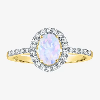 Womens Diamond Accent Lab Created White Opal 10K Gold Halo Side Stone Cocktail Ring