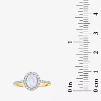 Womens Diamond Accent Lab Created White Opal 10K Gold Halo Side Stone Cocktail Ring