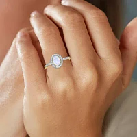 Womens Diamond Accent Lab Created White Opal 10K Gold Halo Side Stone Cocktail Ring