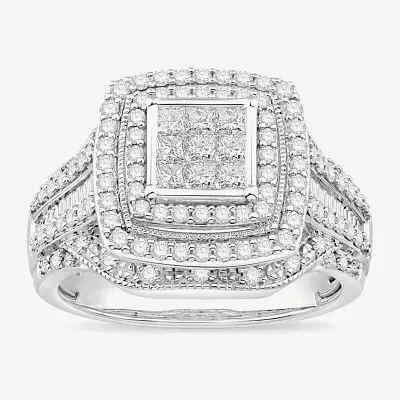 Womens 1 CT. T.W. Natural White Diamond 10K White Gold Cushion Halo Engagement Ring