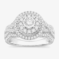 Womens 1 CT. T.W. Natural White Diamond 10K White Gold Round Side Stone Halo Engagement Ring