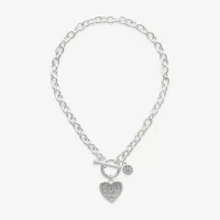 Bold Elements Silver Tone Glass 17 Inch Link Heart Pendant Necklace