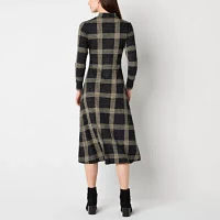 Danny & Nicole Womens Long Sleeve Windowpane Midi Fit + Flare Dress