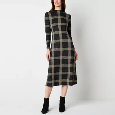 Danny & Nicole Womens Long Sleeve Windowpane Midi Fit + Flare Dress