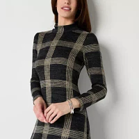 Danny & Nicole Womens Long Sleeve Windowpane Midi Fit + Flare Dress