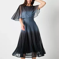 Danny & Nicole Womens Short Sleeve Ombre Midi Cape Fit + Flare Dress