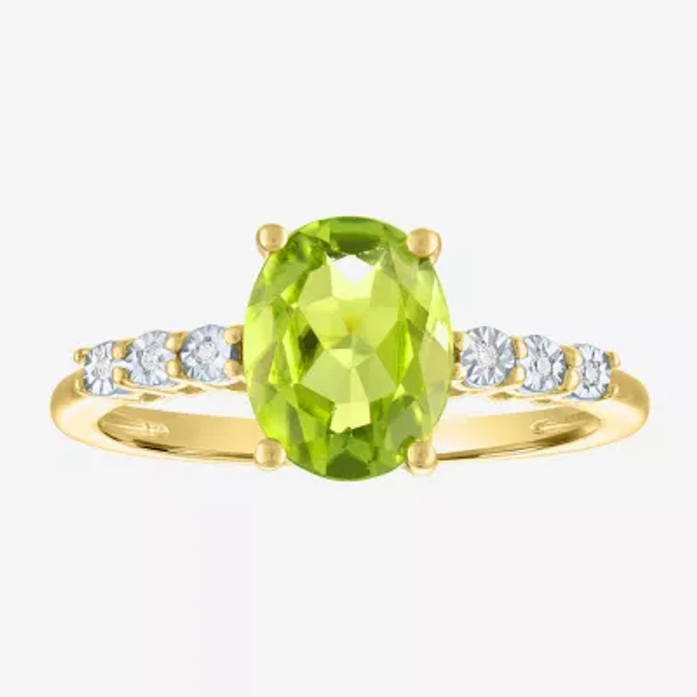 Womens Diamond Accent Genuine Green Peridot 10K Gold Delicate Side Stone Cocktail Ring