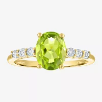 Womens Diamond Accent Genuine Green Peridot 10K Gold Delicate Side Stone Cocktail Ring