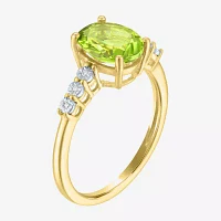 Womens Diamond Accent Genuine Green Peridot 10K Gold Delicate Side Stone Cocktail Ring