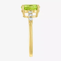 Womens Diamond Accent Genuine Green Peridot 10K Gold Delicate Side Stone Cocktail Ring