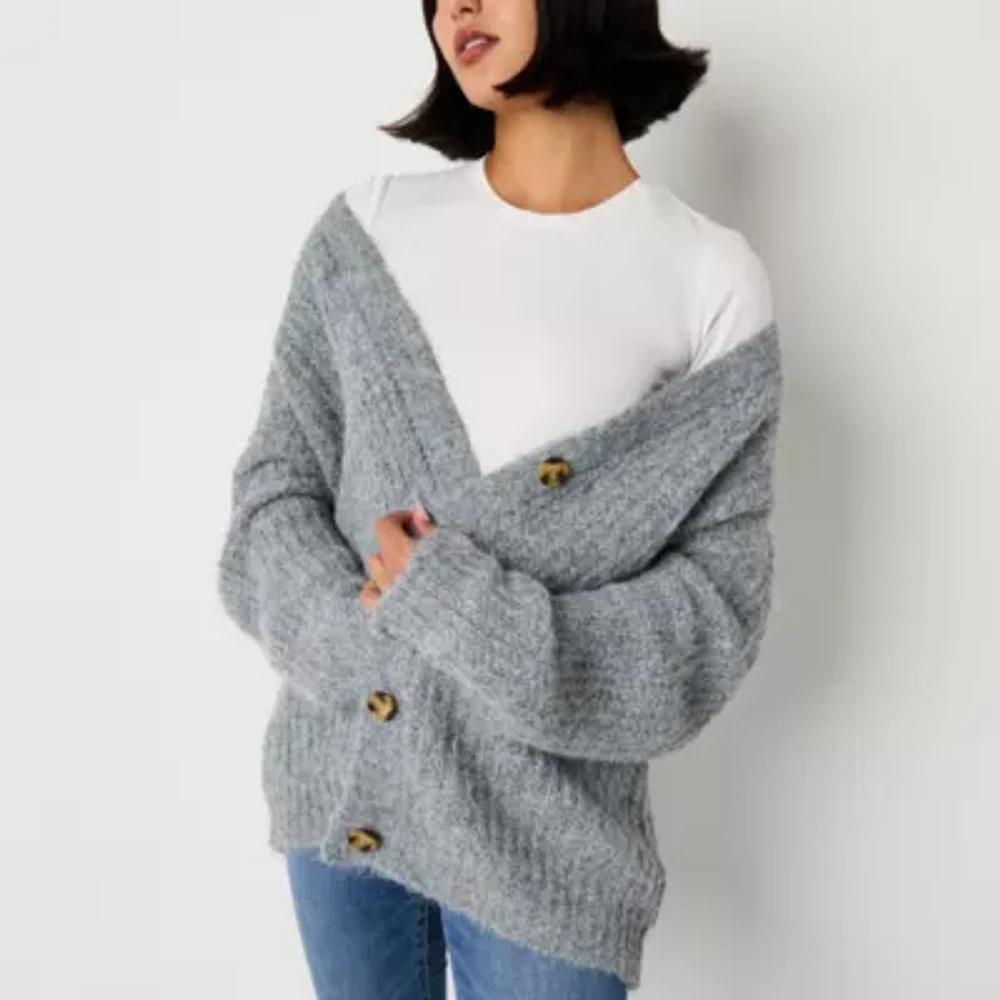 Arizona Juniors Womens V Neck Long Sleeve Button Cardigan