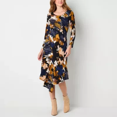 Robbie Bee Womens Long Sleeve Abstract Midi Fit + Flare Dress