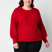 Liz Claiborne Plus Womens Crew Neck Long Sleeve Pullover Sweater