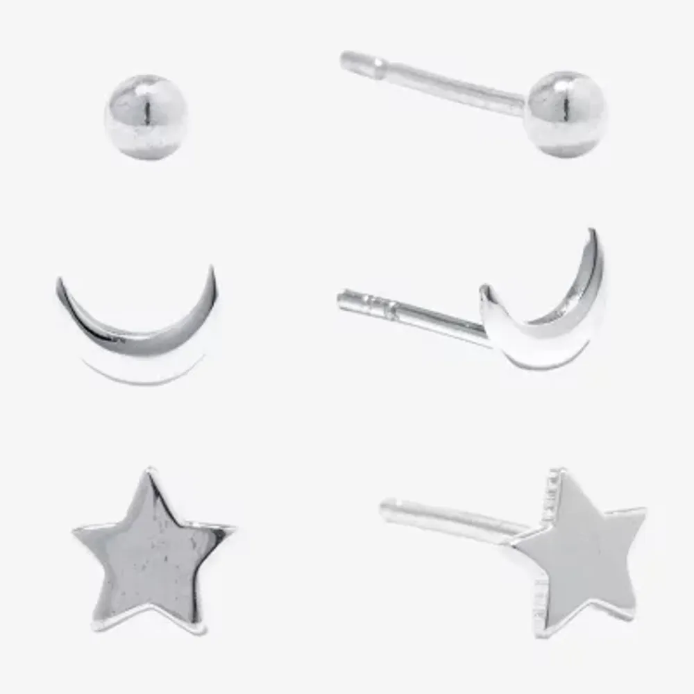 Silver Treasures 3 Pair Moon Star Earring Set