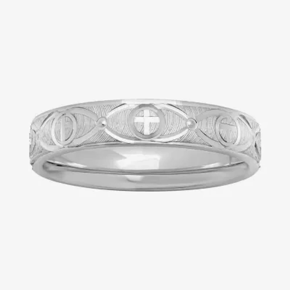 Womens Sterling Silver Ridged Cross Band