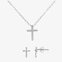 Girls Sterling Silver Cubic Zirconia Cross Pendant Necklace & Earring Set