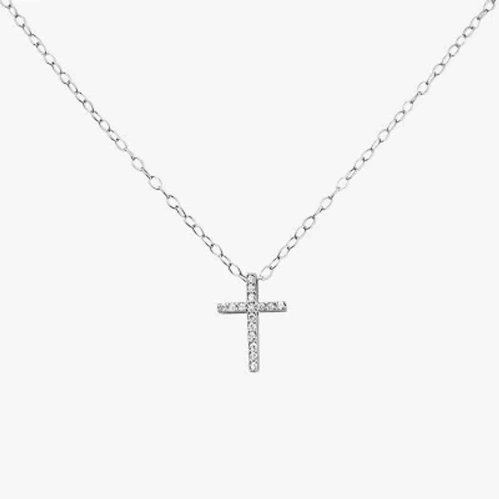 Girls Sterling Silver Cubic Zirconia Cross Pendant Necklace & Earring Set