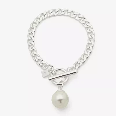 Worthington Silver Tone Simulated Pearl Curb Chain Bracelet