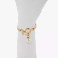 Worthington Toggle Charm Simulated Pearl 8 Inch Curb Chain Bracelet