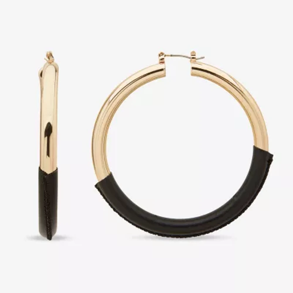 Worthington Gold Tone & Black Leather Wrap Hoop Earrings