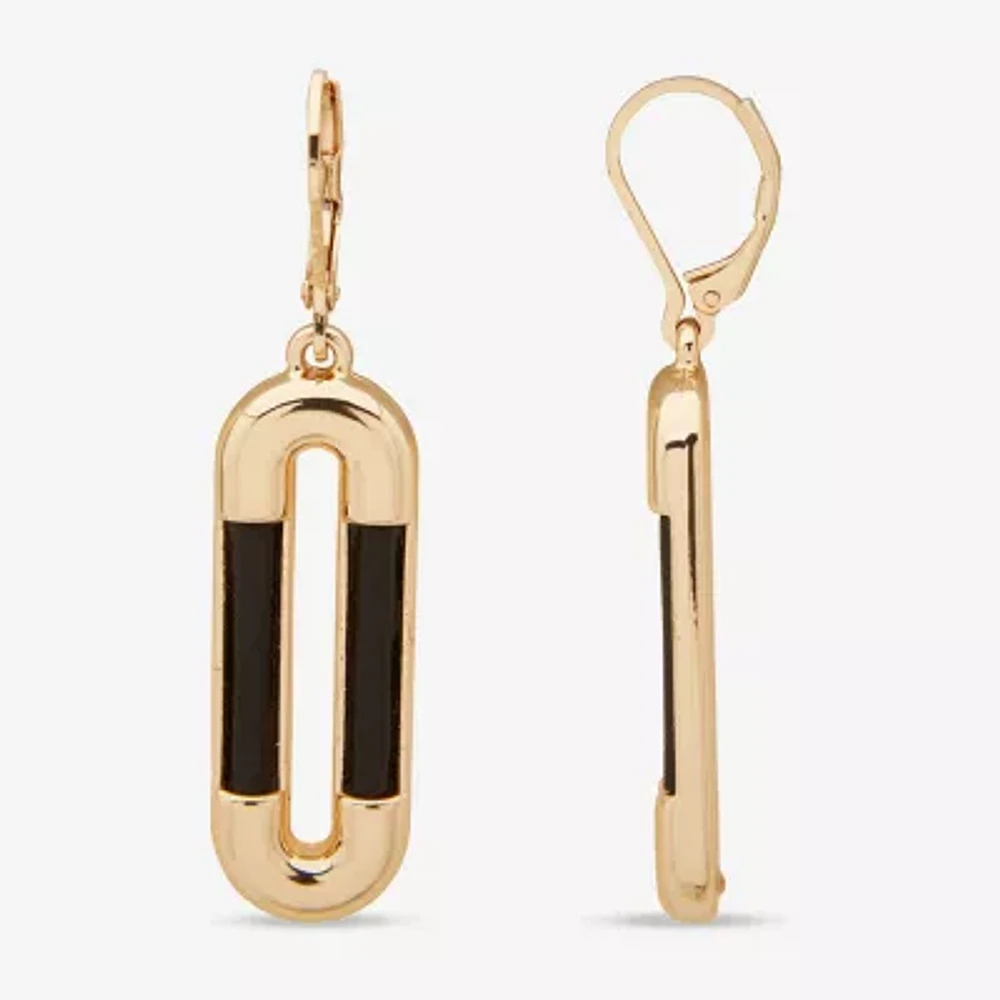 Worthington Gold Tone & Black Leather  Link Drop Earrings