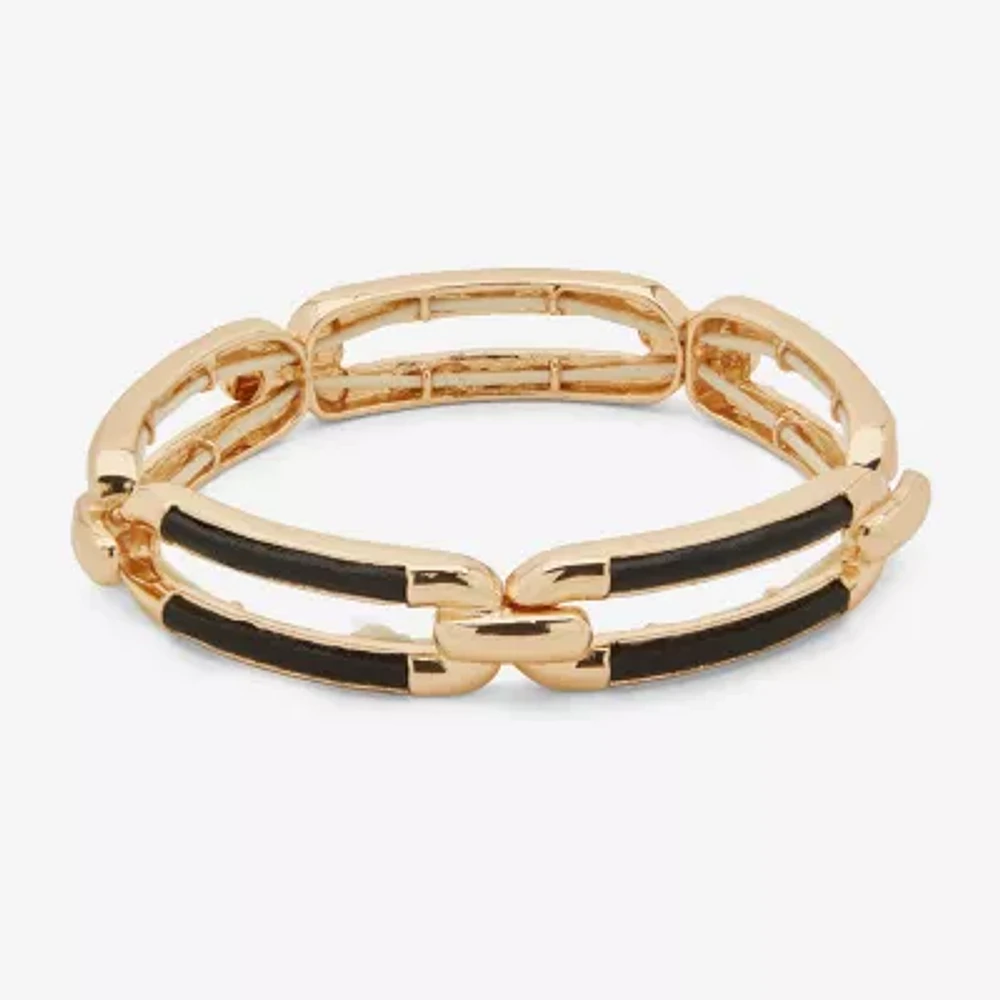 Worthington Gold Tone & Black Leather Link Stretch Bracelet