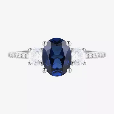 Womens 3/8 CT. T.W. Lab Created Blue Sapphire 10K White Gold Halo Side Stone Cocktail Ring