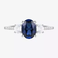 Womens 3/8 CT. T.W. Lab Created Blue Sapphire 10K White Gold Halo Side Stone Cocktail Ring