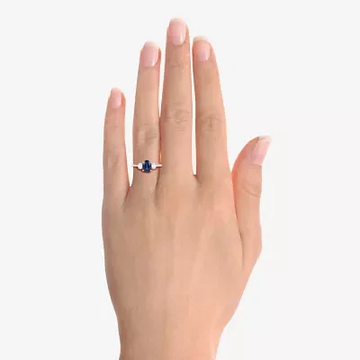 Womens 3/8 CT. T.W. Lab Created Blue Sapphire 10K White Gold Halo Side Stone Cocktail Ring