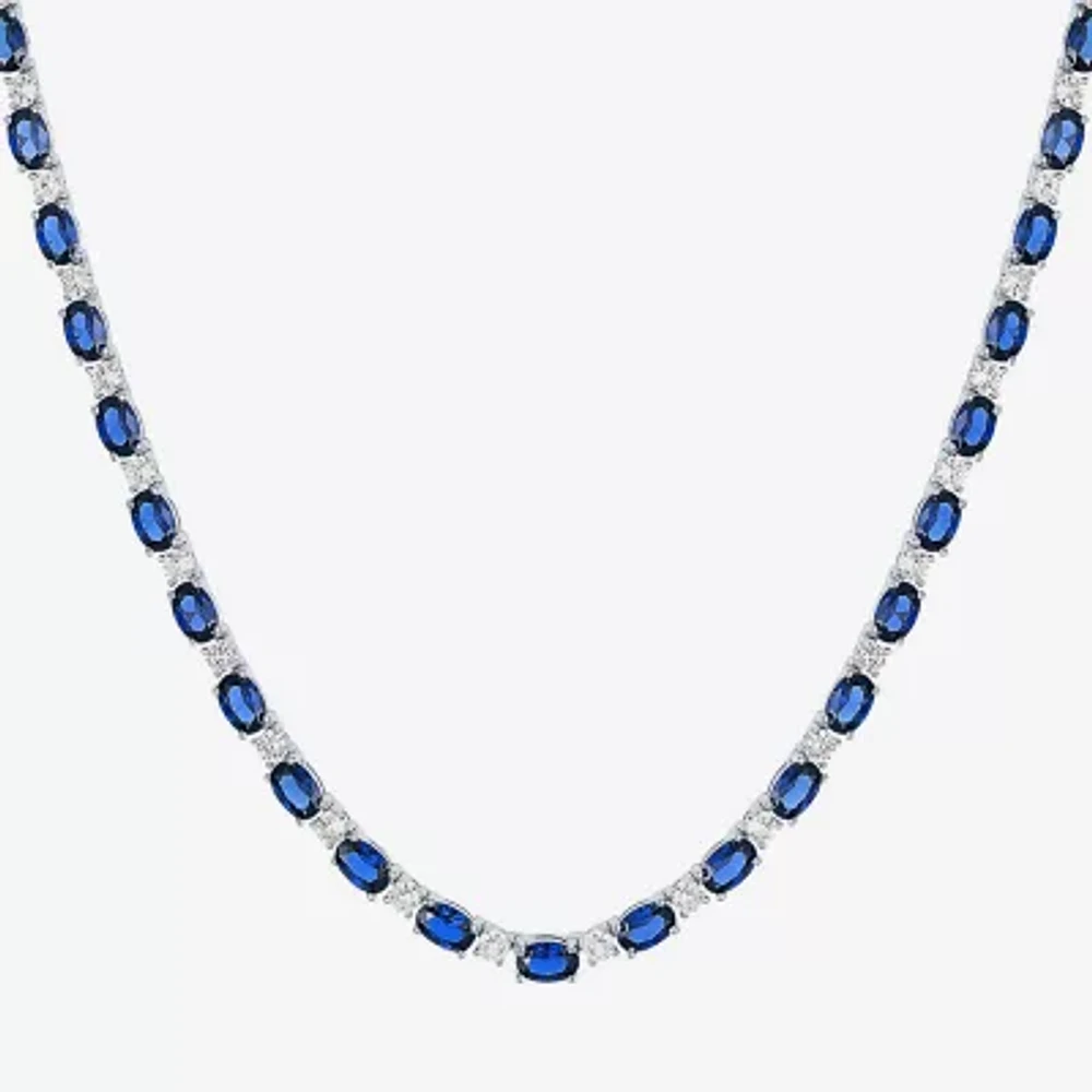 Womens Lab Created Blue Sapphire Sterling Silver Oval Tennis Necklaces