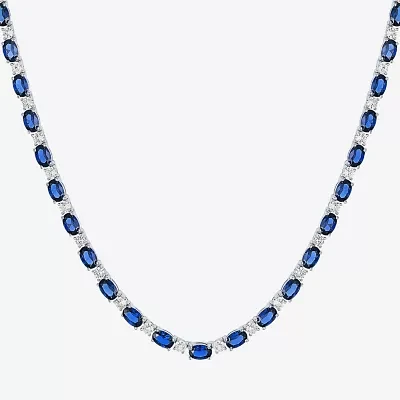 Womens Lab Created Blue Sapphire Sterling Silver Oval Tennis Necklaces