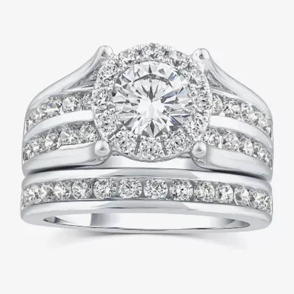 (G / Si1-Si2) Womens 3 CT. T.W. Lab Grown White Diamond 10K White Gold Round Side Stone Halo Bridal Set