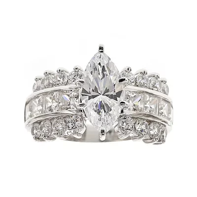 DiamonArt® Cubic Zirconia Sterling Silver Marquise-Cut Cluster Ring