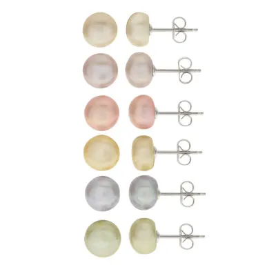 Cultured Freshwater Button Pearl Sterling Silver 6pc Stud Earring Set