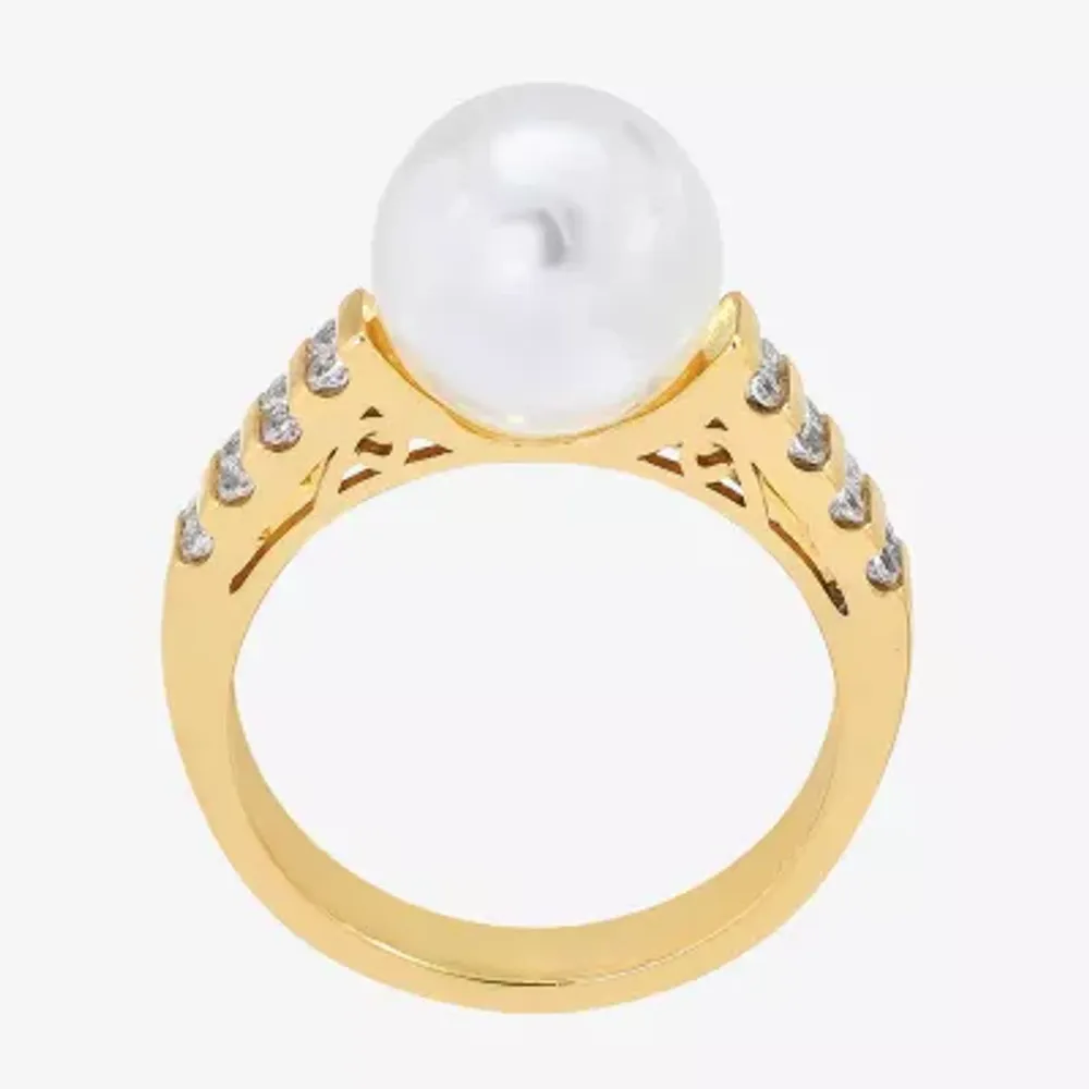 Sparkle Allure Womens Simulated Pearl 14K Gold Over Brass Cocktail Ring