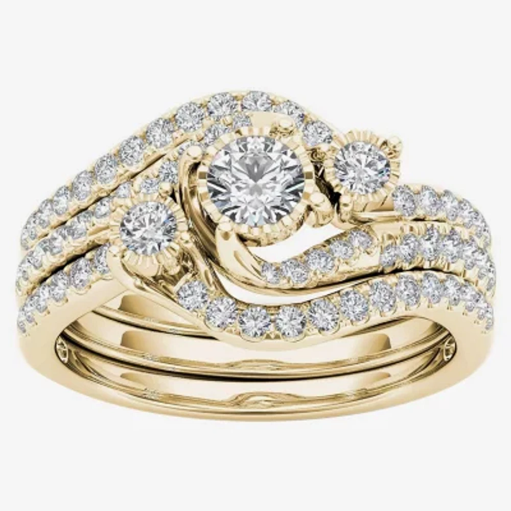 Love Lives Forever Womens /4 CT. T.W. Natural White Diamond 14K Gold Round 3-Stone Bypass Bridal Set