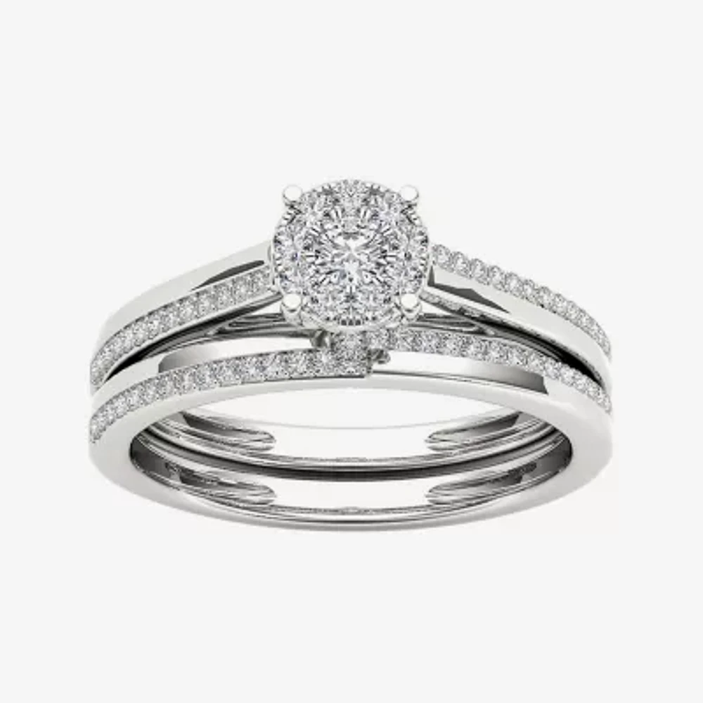 1/3 CT.T.W. Natural Diamond 10K White Gold Round Cluster Bridal Set