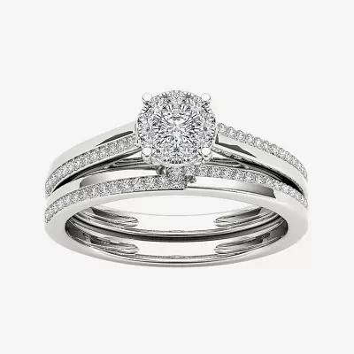 1/3 CT.T.W. Natural Diamond 10K White Gold Round Cluster Bridal Set