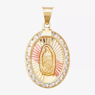 Rene Bargueiras® Cubic Zirconia 14K Tri-Color Gold Oval Our Lady of Guadalupe Pendant