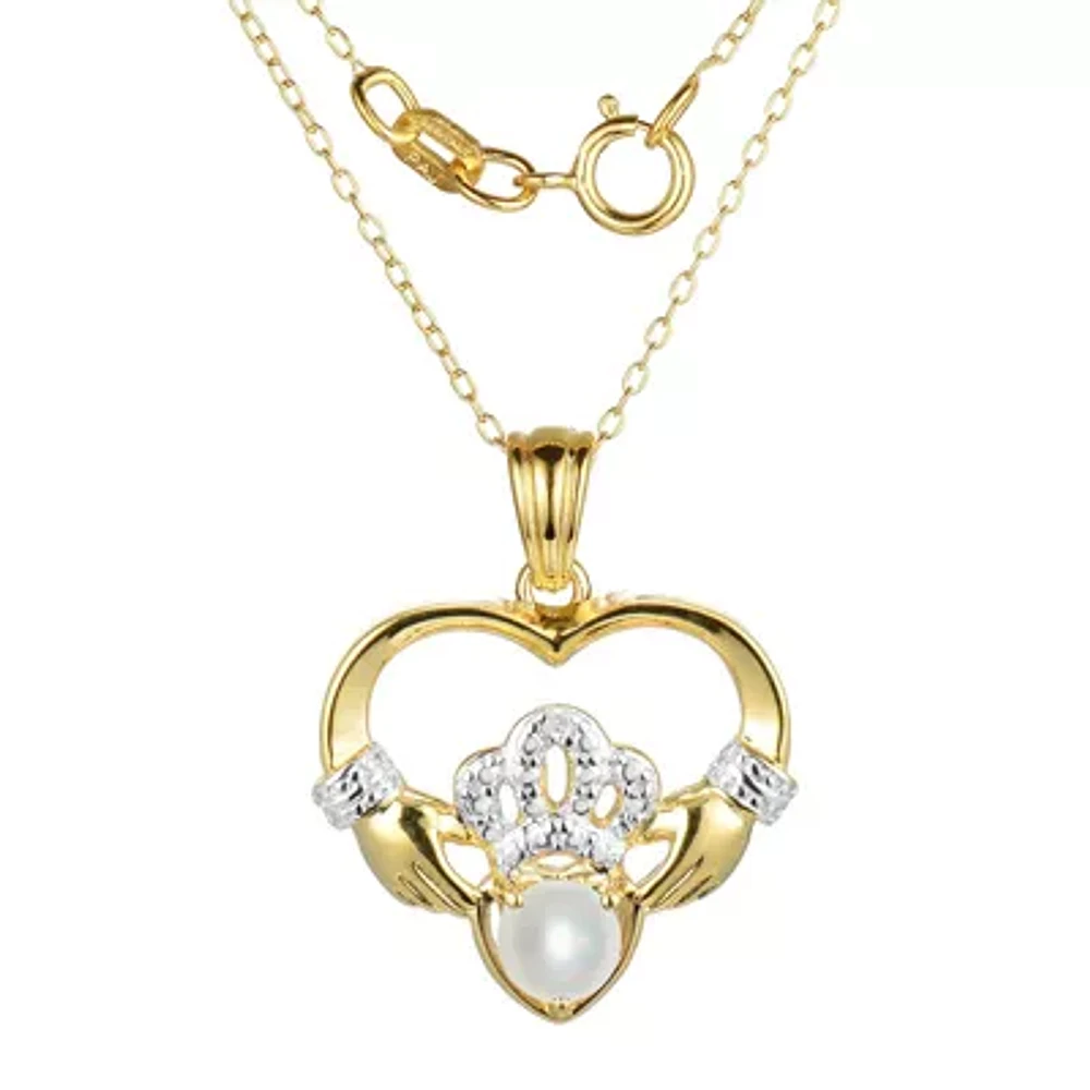 Cultured Freshwater Pearl and Diamond-Accent Claddagh Pendant Necklace