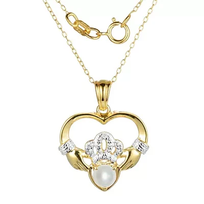 Cultured Freshwater Pearl and Diamond-Accent Claddagh Pendant Necklace