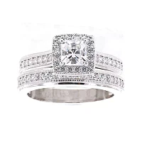 DiamonArt® Cubic Zirconia Sterling Silver Asscher-Cut Bridal Ring Set